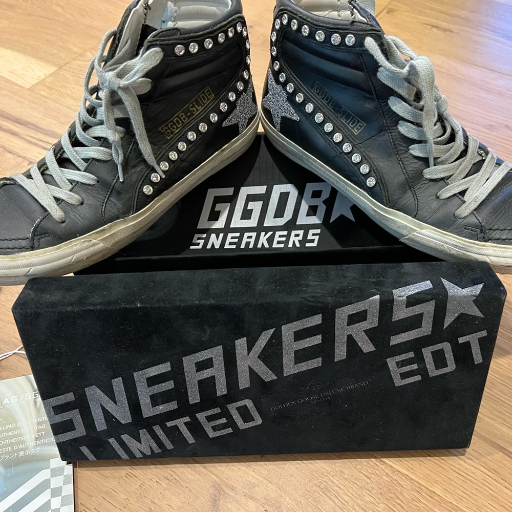 Golden Goose Black leather, Limited edition Swarovski Crystal Sneaker Slide